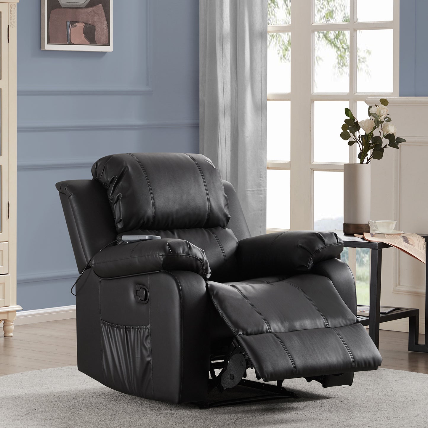 Leather Heated Massage Recliner Sofa Ergonomic Lounge with 8 Vibration Points (black) RT