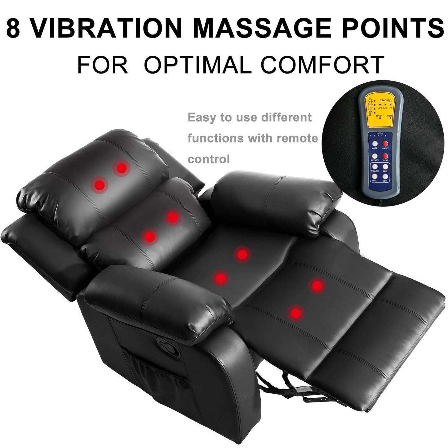 Leather Heated Massage Recliner Sofa Ergonomic Lounge with 8 Vibration Points (black) RT