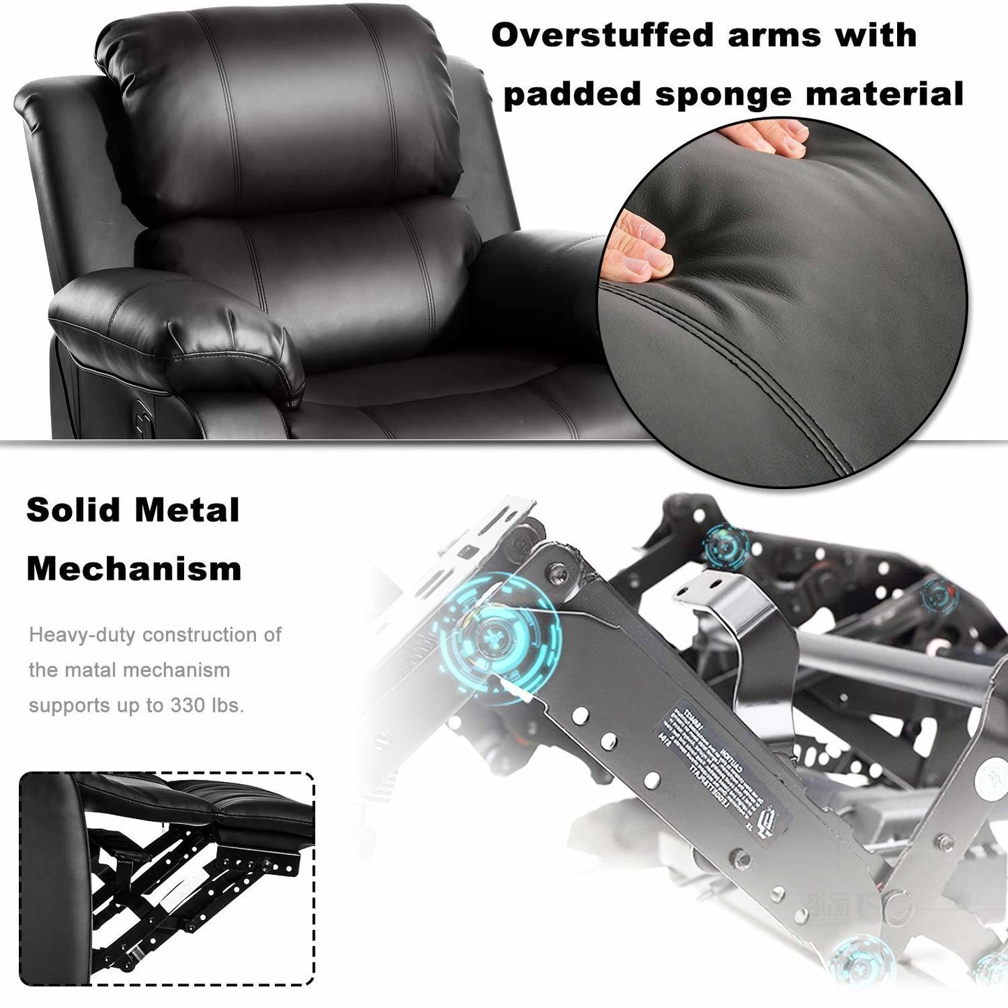 Leather Heated Massage Recliner Sofa Ergonomic Lounge with 8 Vibration Points (black) RT