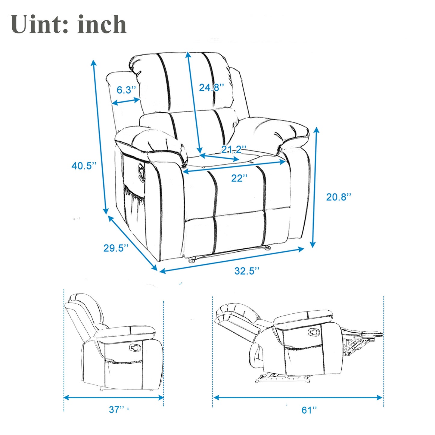 Leather Heated Massage Recliner Sofa Ergonomic Lounge with 8 Vibration Points (black) RT