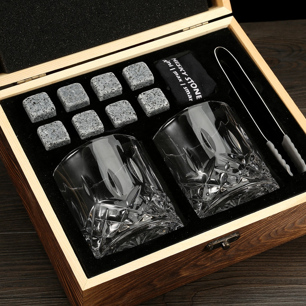 Whiskey Stones & Glasses Set in Wooden Box