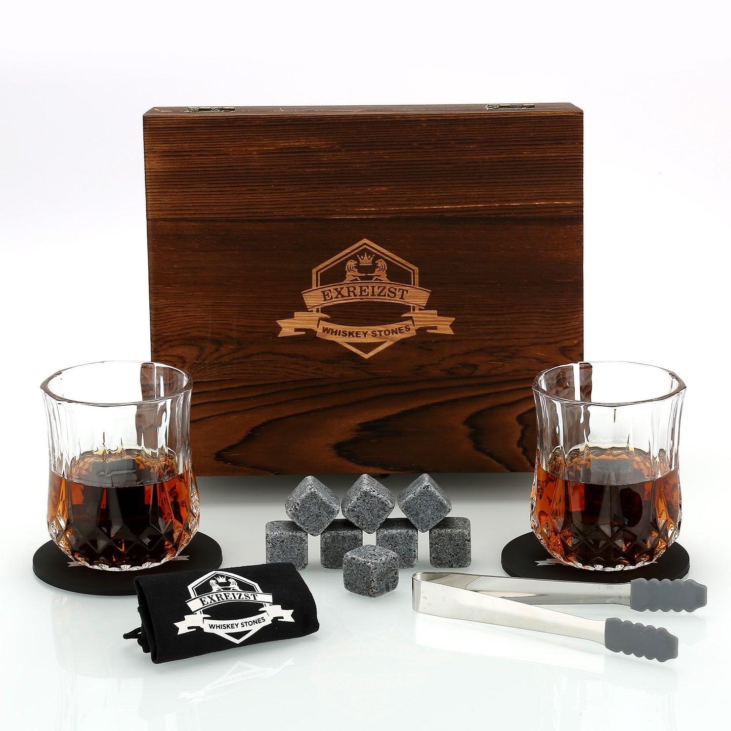 Whiskey Stones & Glasses Set in Wooden Box