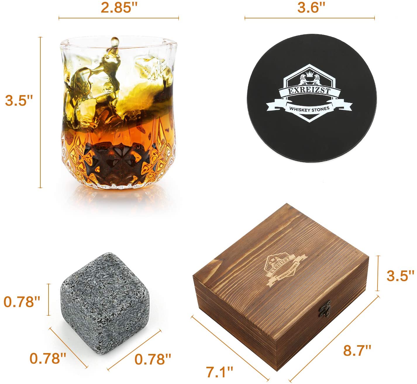 Whiskey Stones & Glasses Set in Wooden Box