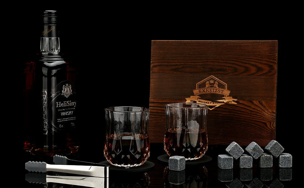Whiskey Stones & Glasses Set in Wooden Box
