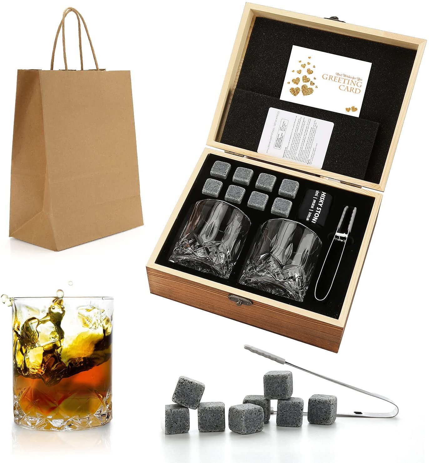 Whiskey Stones & Glasses Set in Wooden Box