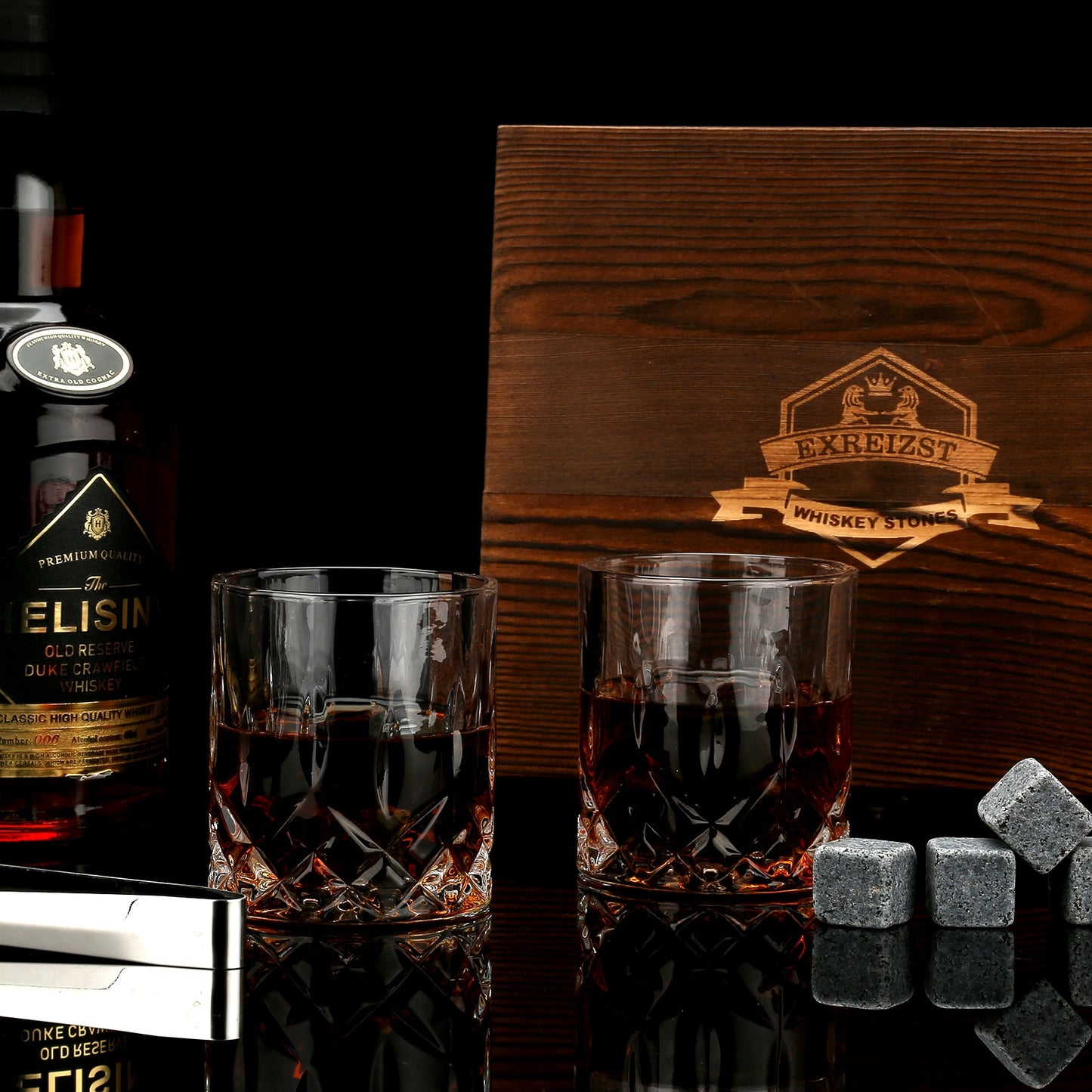 Whiskey Stones & Glasses Set in Wooden Box