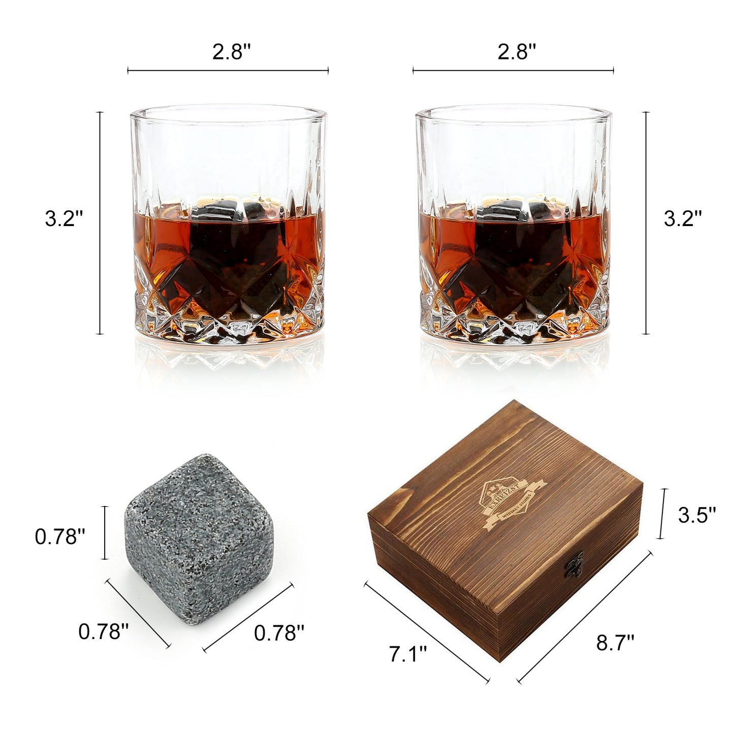 Whiskey Stones & Glasses Set in Wooden Box