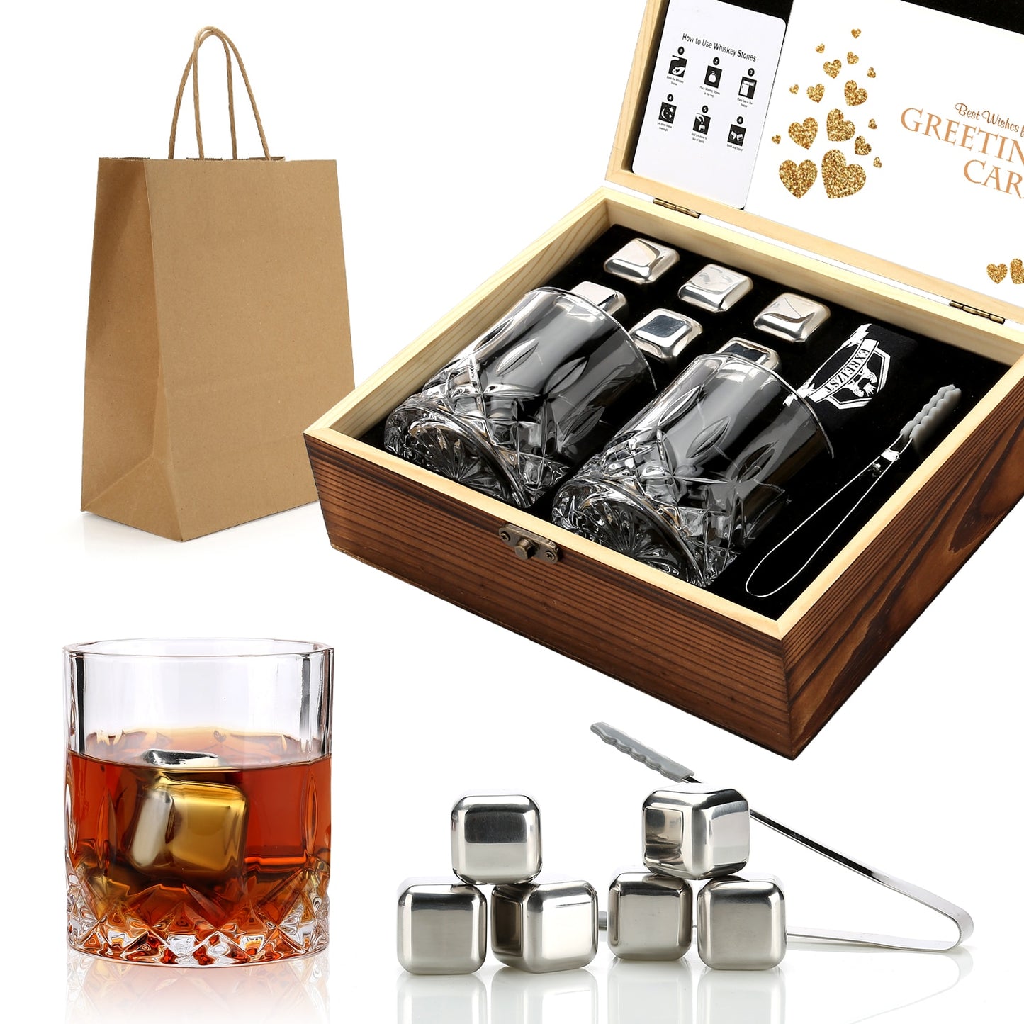 Whiskey Stones & Glasses Set in Wooden Box
