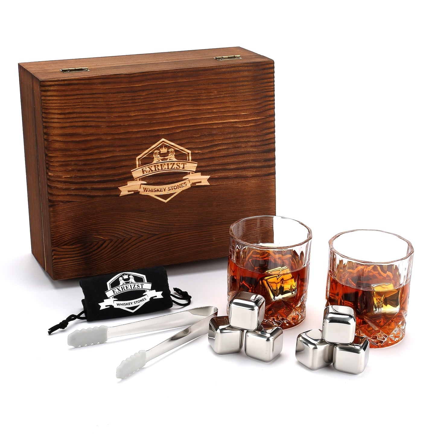 Whiskey Stones & Glasses Set in Wooden Box