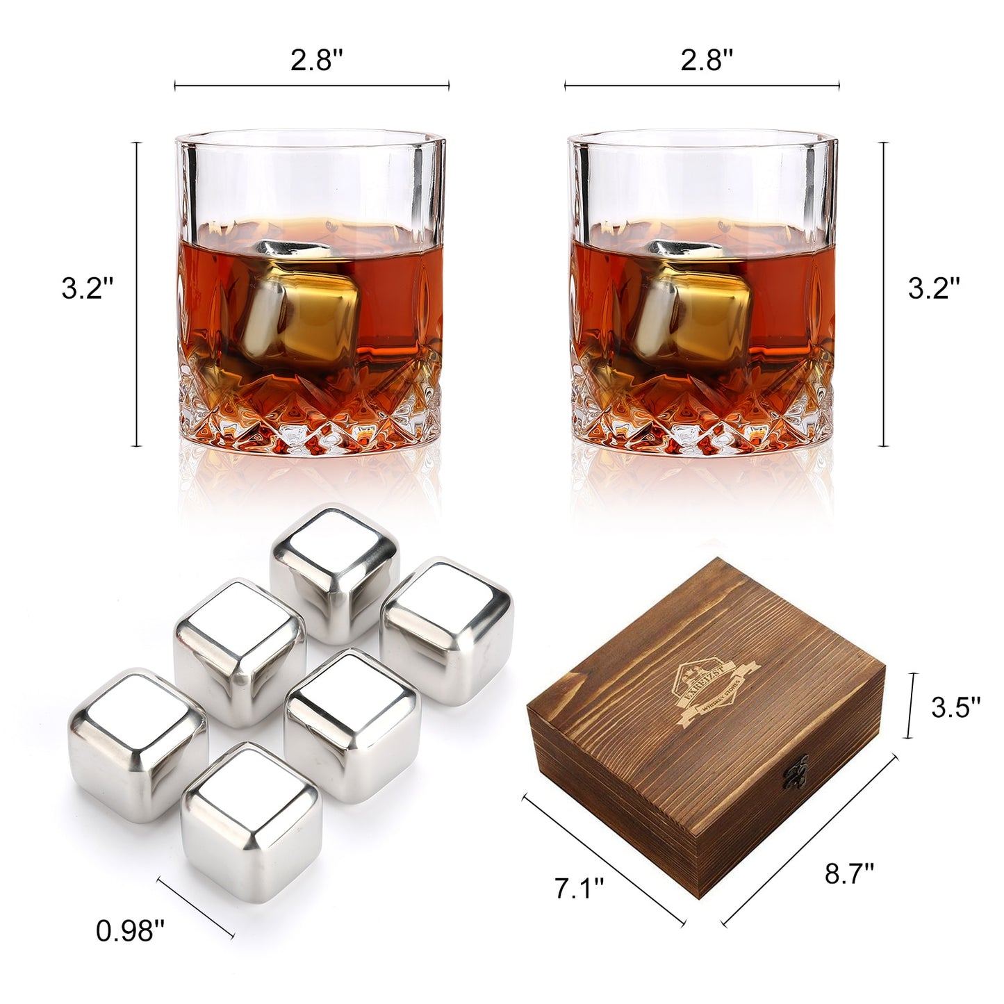 Whiskey Stones & Glasses Set in Wooden Box