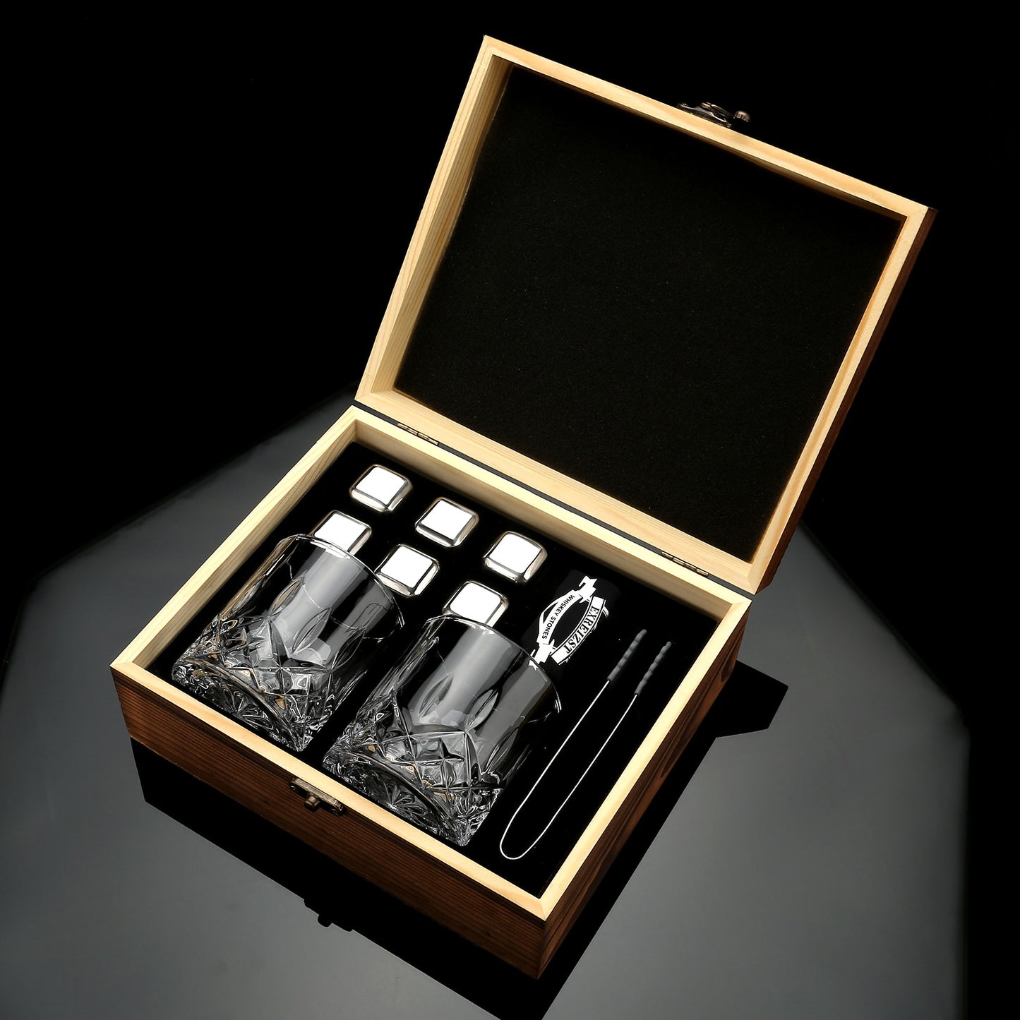 Whiskey Stones & Glasses Set in Wooden Box