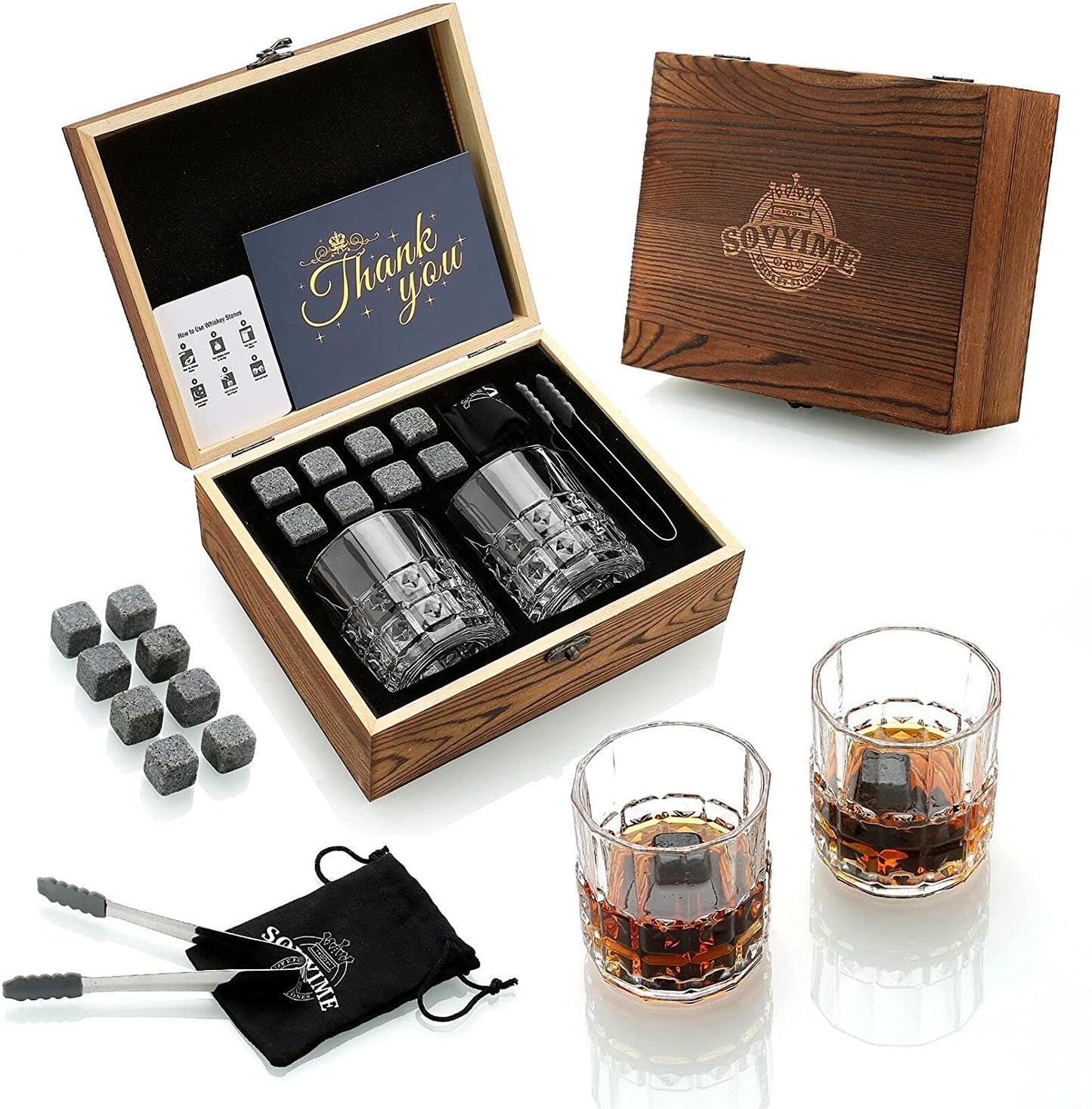 Whiskey Stones & Glasses Set in Wooden Box