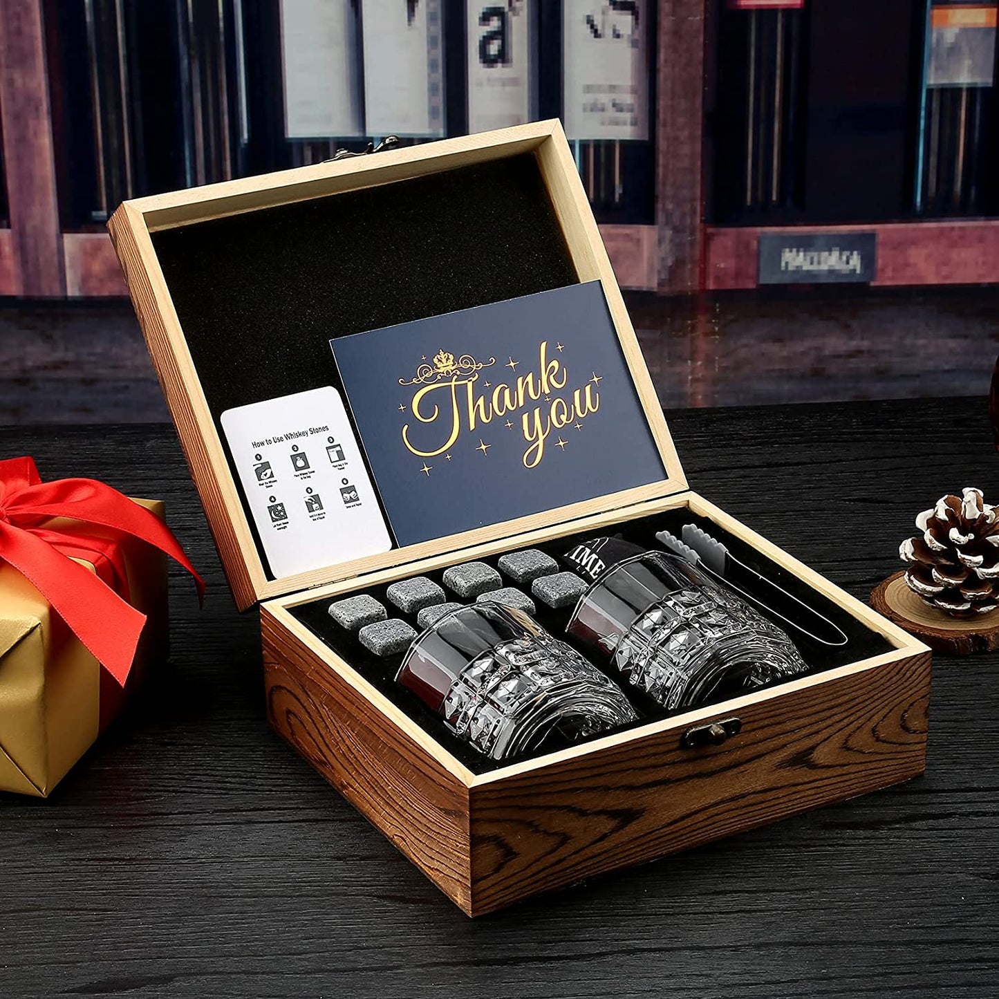 Whiskey Stones & Glasses Set in Wooden Box