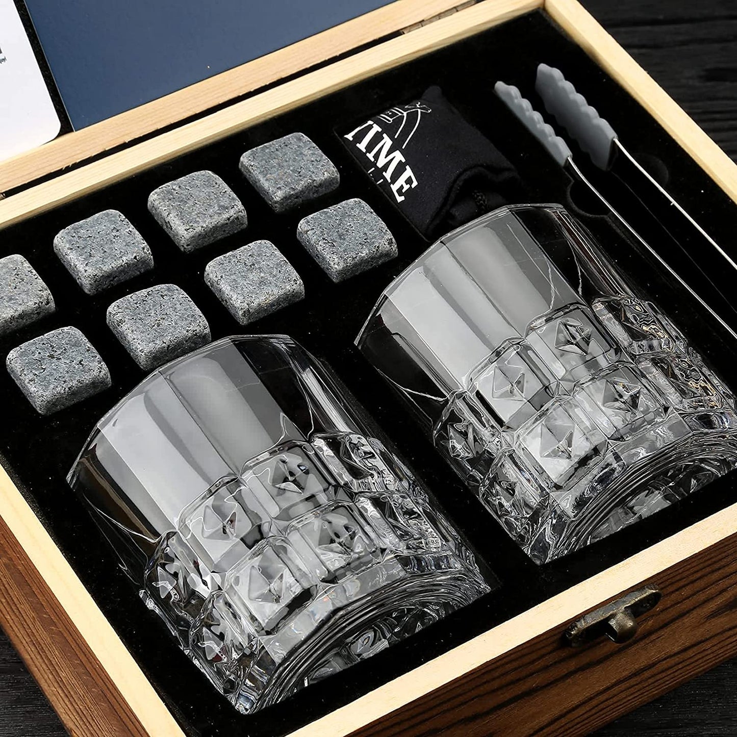 Whiskey Stones & Glasses Set in Wooden Box