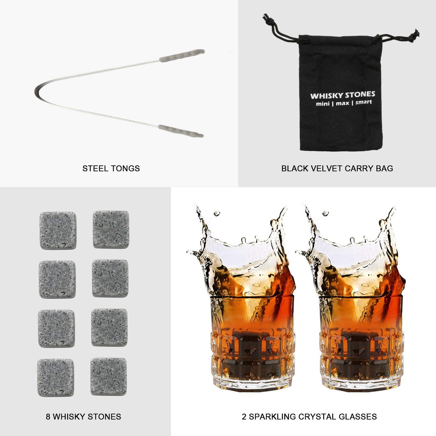 Whiskey Stones & Glasses Set in Wooden Box