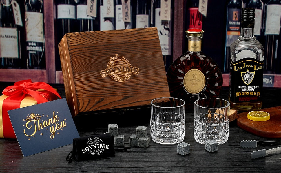Whiskey Stones & Glasses Set in Wooden Box