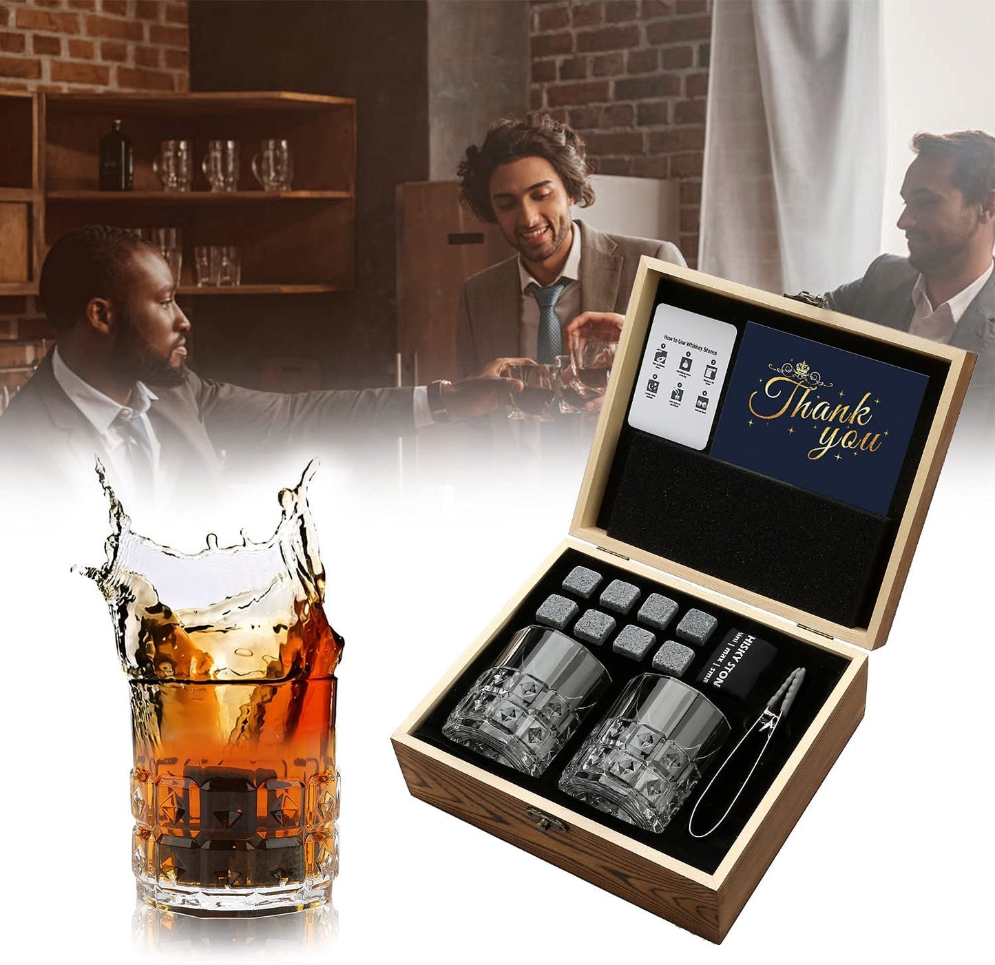 Whiskey Stones & Glasses Set in Wooden Box