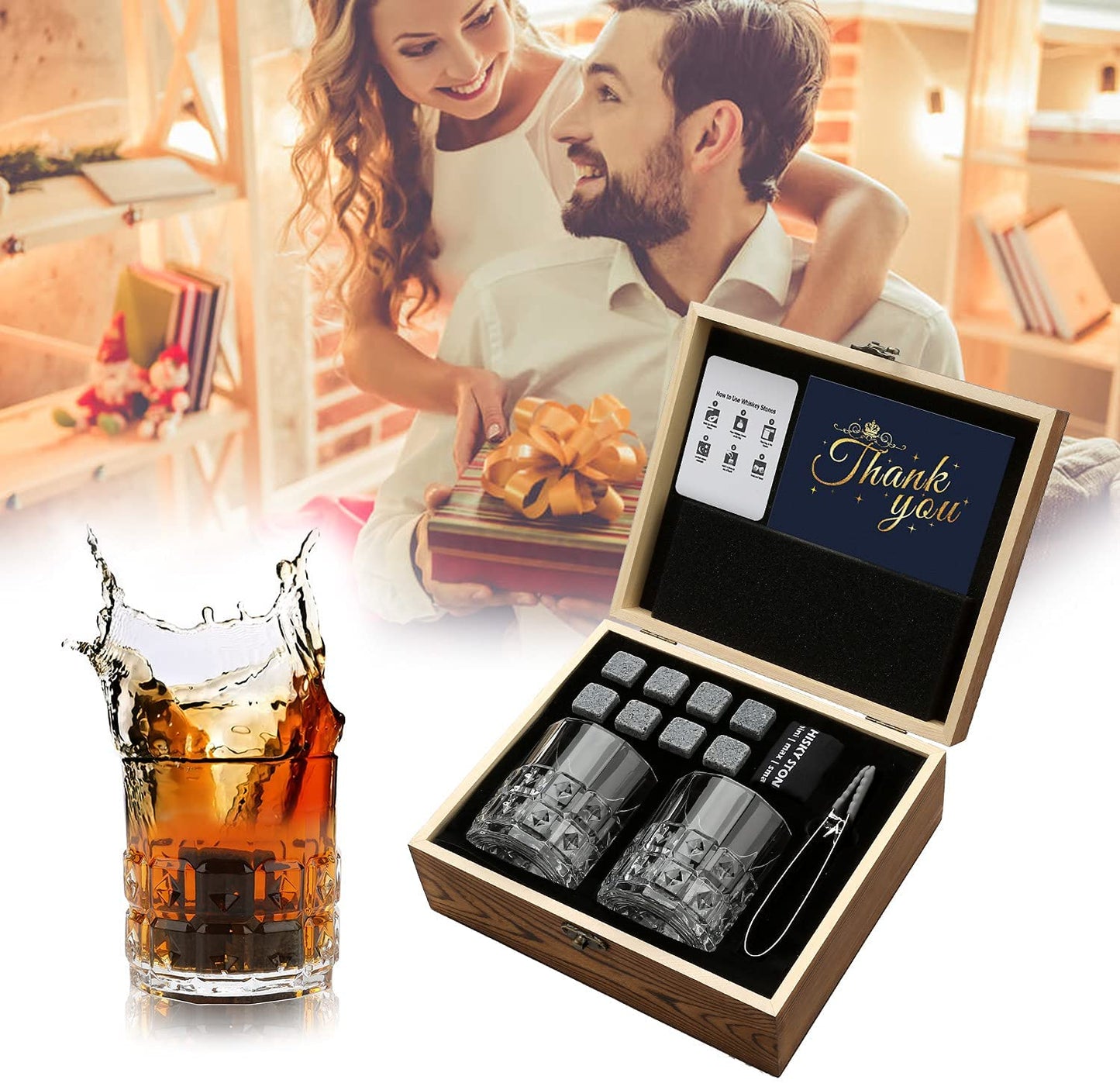 Whiskey Stones & Glasses Set in Wooden Box