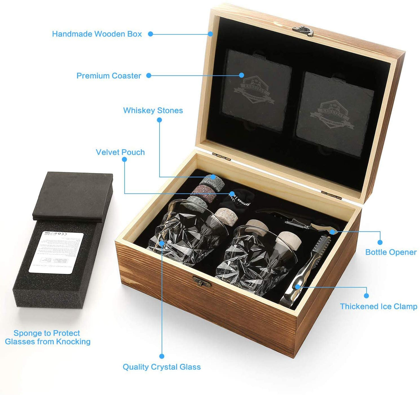 Whiskey Stones & Glasses Set in Wooden Box