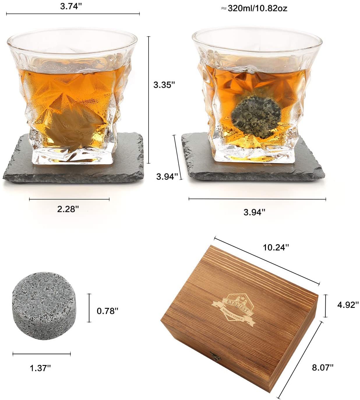 Whiskey Stones & Glasses Set in Wooden Box