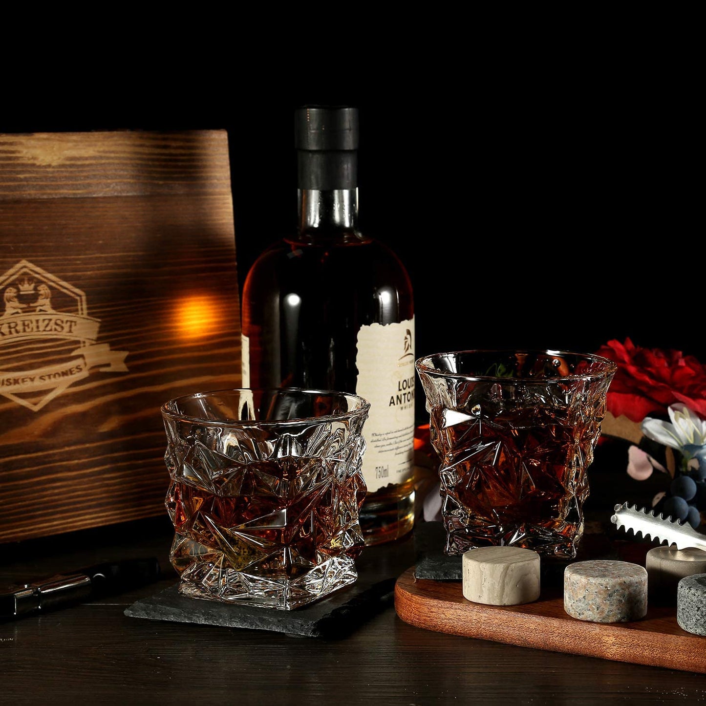 Whiskey Stones & Glasses Set in Wooden Box