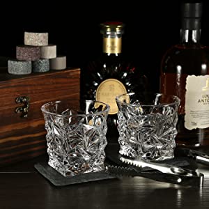 Whiskey Stones & Glasses Set in Wooden Box