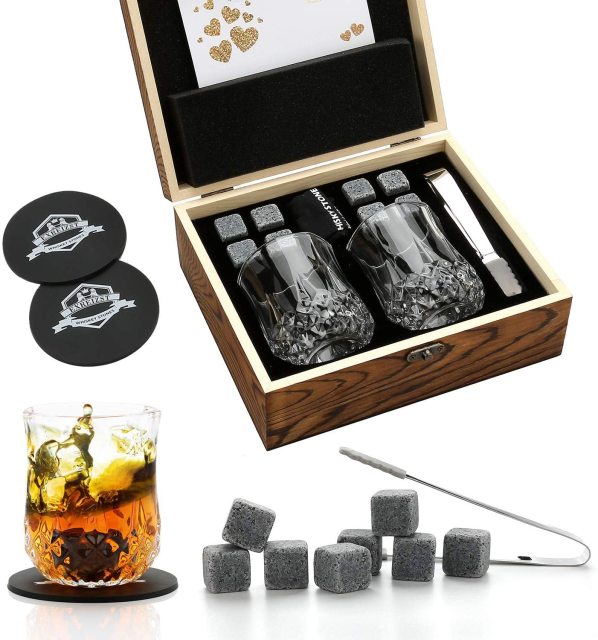 Whiskey Stones & Glasses Set in Wooden Box
