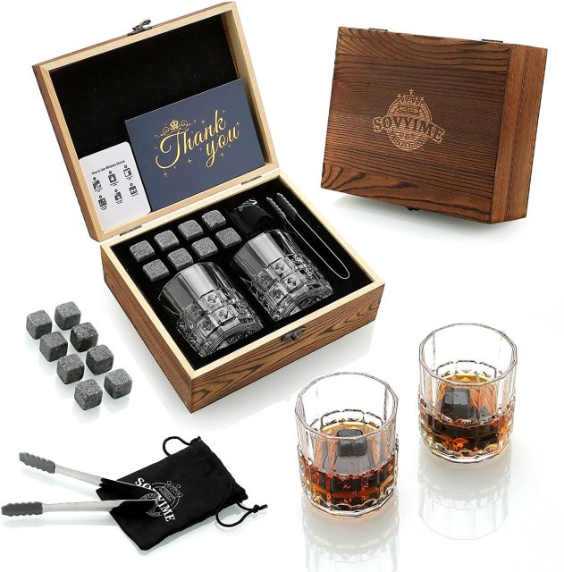 Whiskey Stones & Glasses Set in Wooden Box
