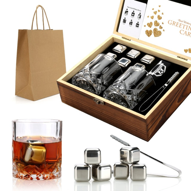 Whiskey Stones & Glasses Set in Wooden Box