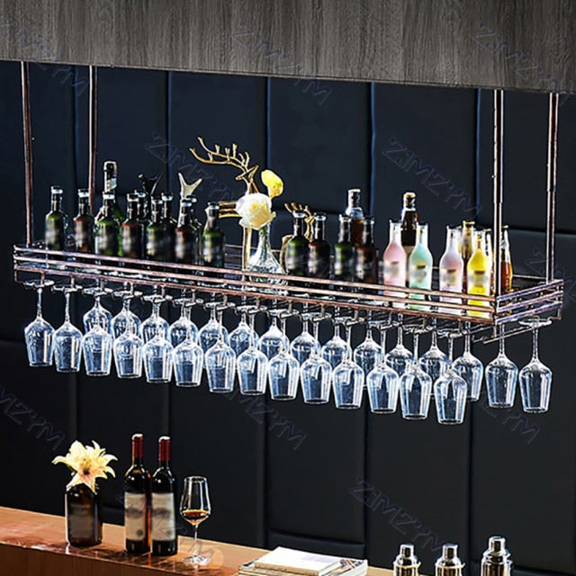 Metal Upside Down Ceiling Hanging Wine Rack for glasses