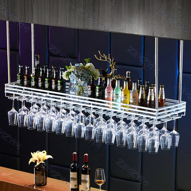 Metal Upside Down Ceiling Hanging Wine Rack for glasses