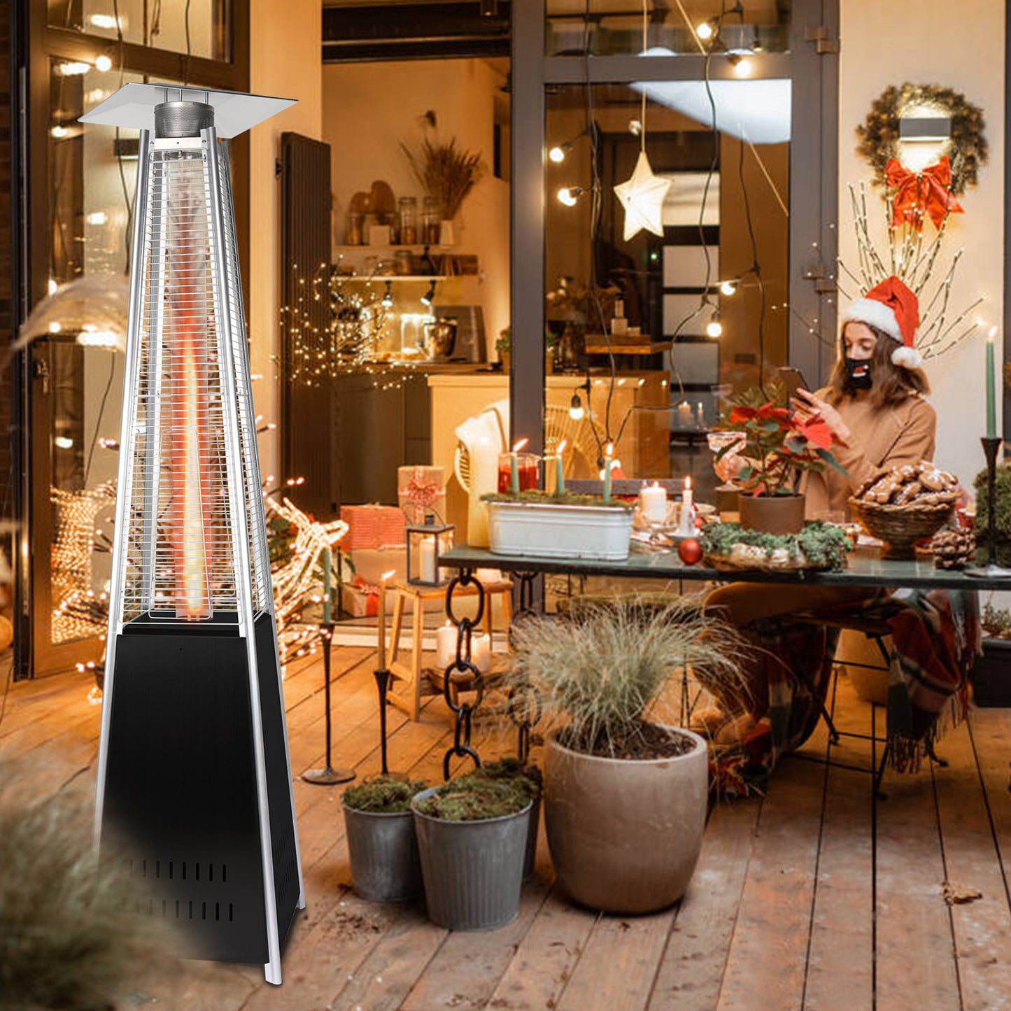 Patio Heater 42,000 BTU Pyrami-d Flame Outdoor Heater Propane Heater With Wheel