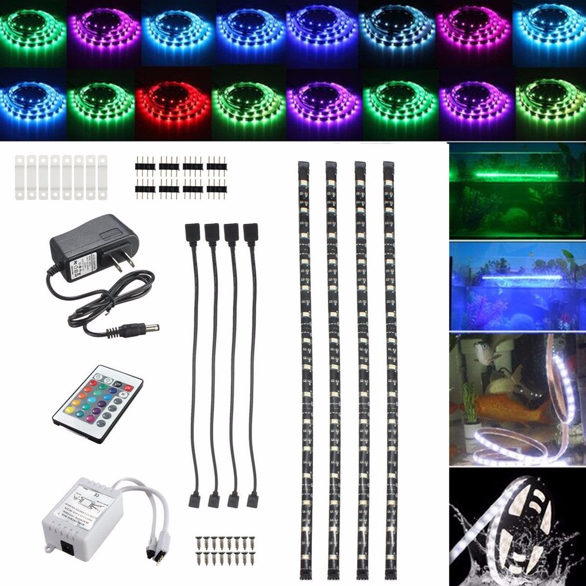 DC12V 4PCS 50CM Waterproof LED Strip Light RGB Outdoor Lamp + 24Keys Remote Control + Power Adapter