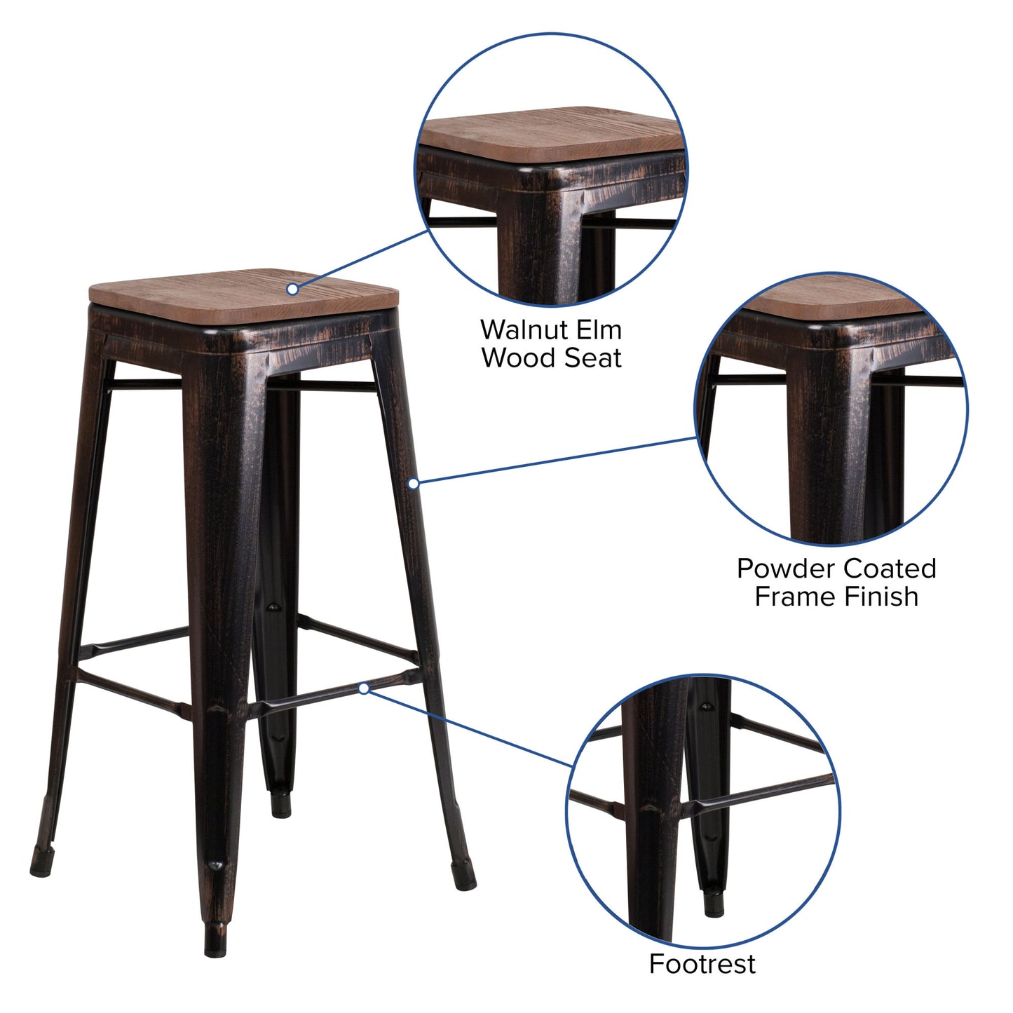 4 Pack 30" High Backless Metal Barstool with Square Wood Seat