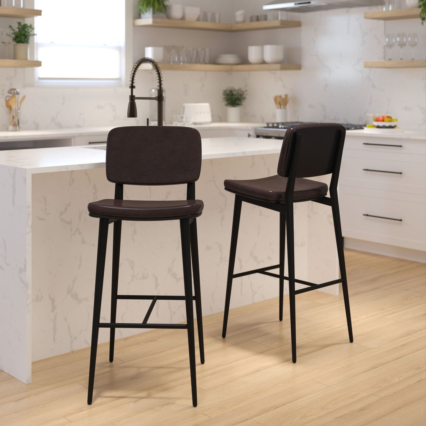 Mid-Back Barstools - LeatherSoft Upholstery - Iron Frame with Integrated Footrest - Set of 2