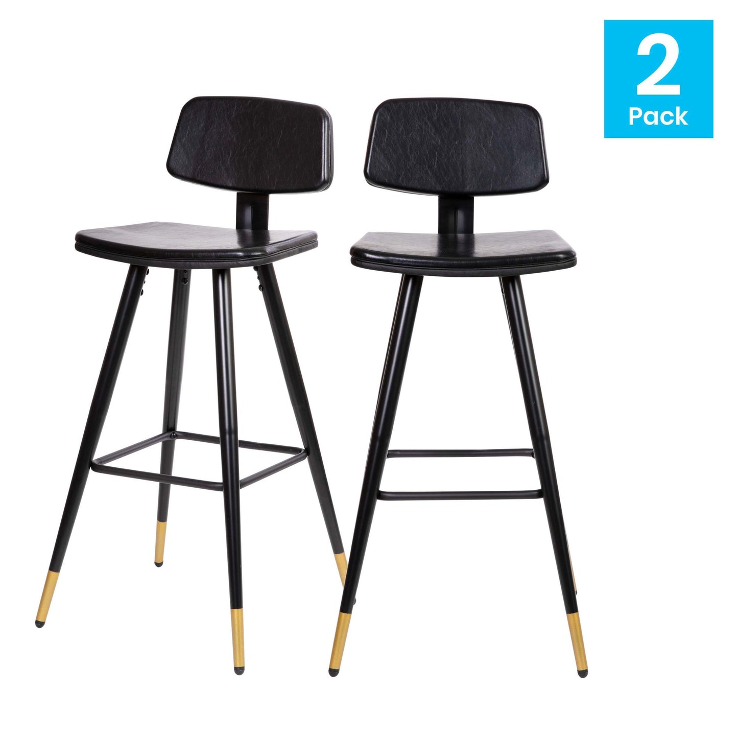 Low Back Barstools-LeatherSoft Upholstery-Iron Frame-Integrated Footrest-Gold Tipped Legs-Set of 2