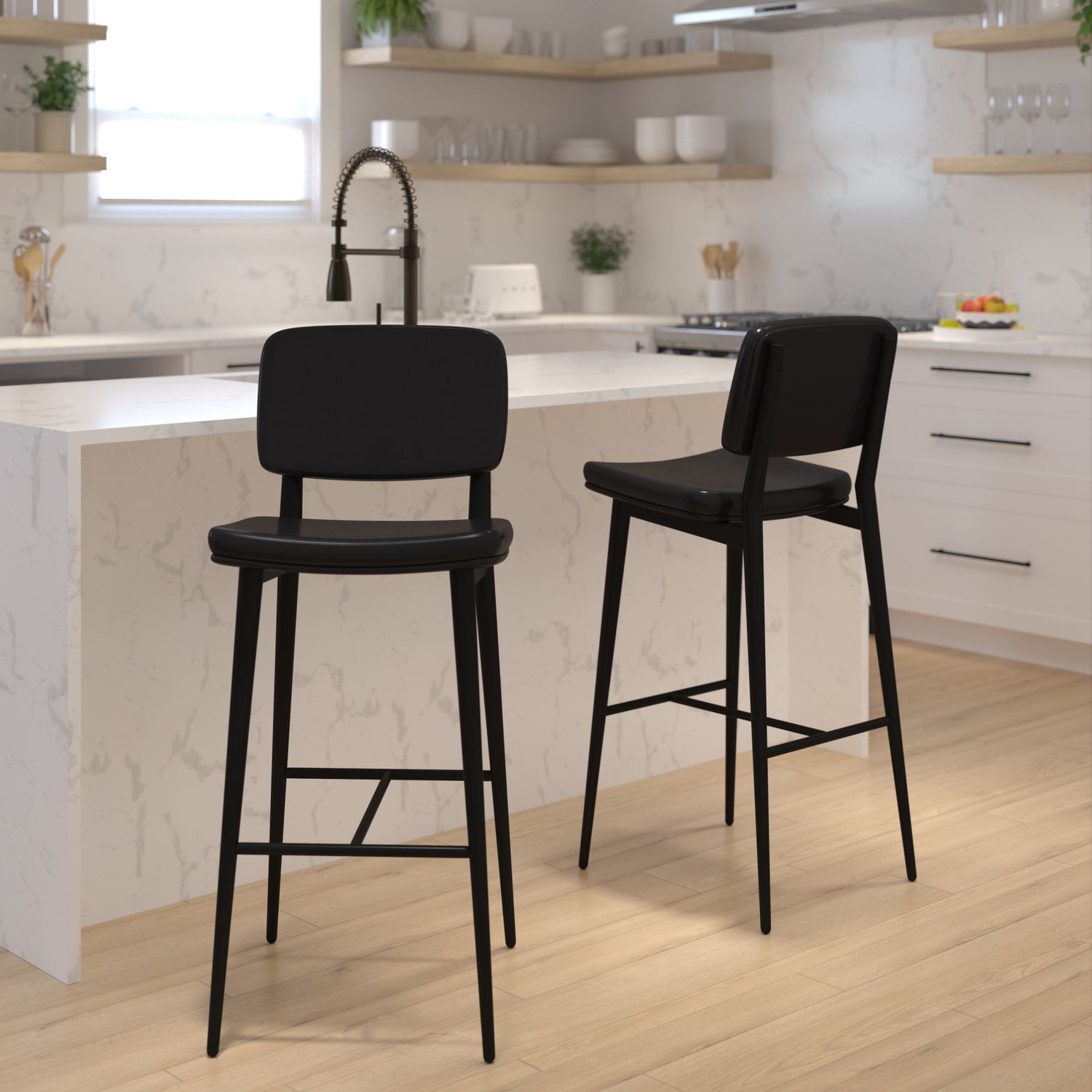 Sleek modern style meets well-crafted comfort in this set of 2 commercial grade mid-back barstools for your home bar, bistro or cafe.