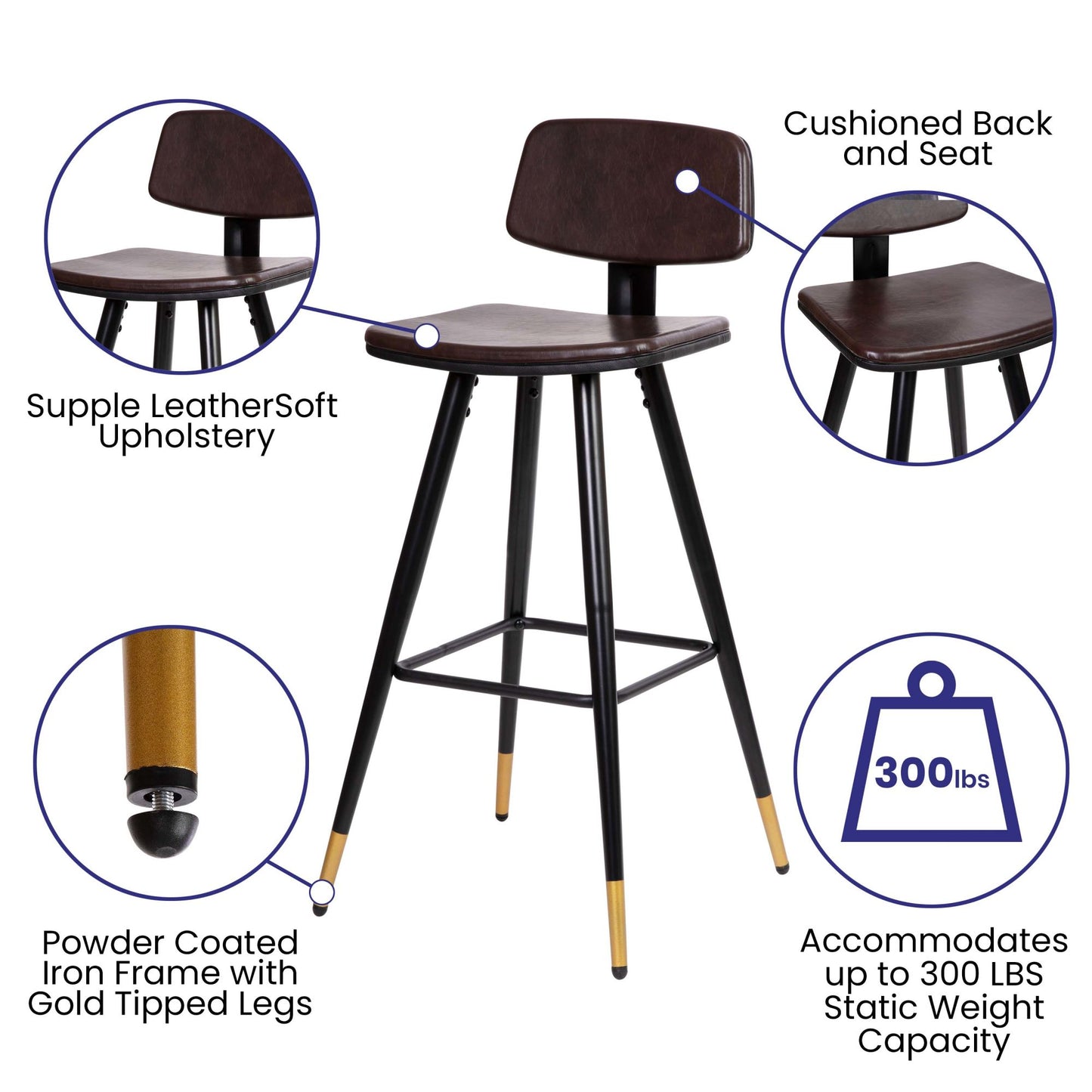 Low Back Barstools-LeatherSoft Upholstery-Iron Frame-Integrated Footrest-Gold Tipped Legs-Set of 2