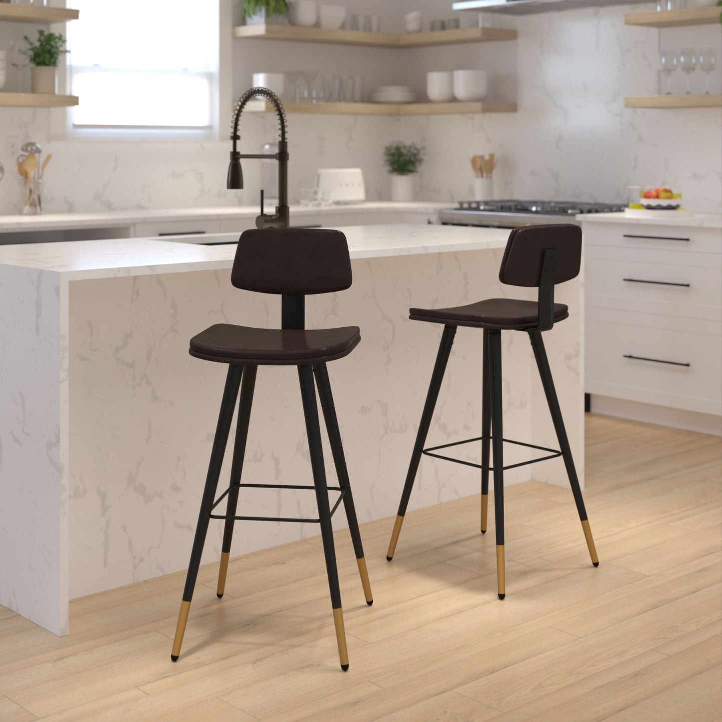 Low Back Barstools-LeatherSoft Upholstery-Iron Frame-Integrated Footrest-Gold Tipped Legs-Set of 2