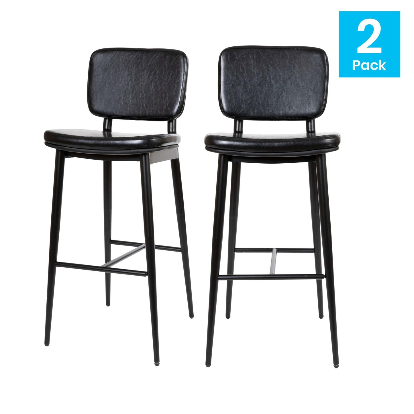 Mid-Back Barstools - LeatherSoft Upholstery - Iron Frame with Integrated Footrest - Set of 2