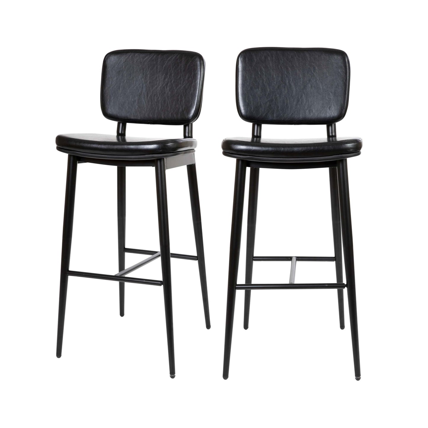 Mid-Back Barstools - LeatherSoft Upholstery - Iron Frame with Integrated Footrest - Set of 2