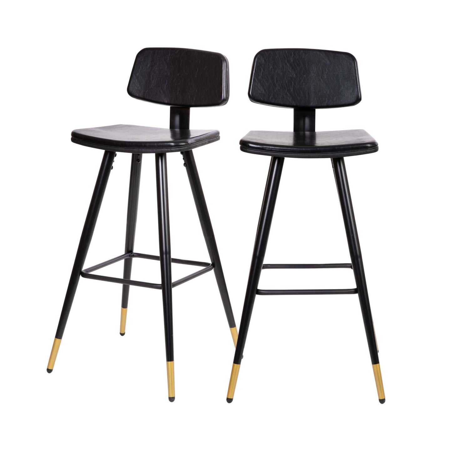 Low Back Barstools-LeatherSoft Upholstery-Iron Frame-Integrated Footrest-Gold Tipped Legs-Set of 2