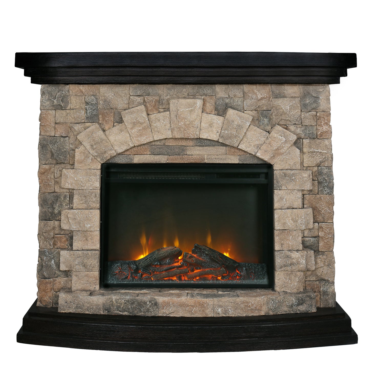 Electric Fireplace with stone/brick appearance with authentic looking wood Mantel