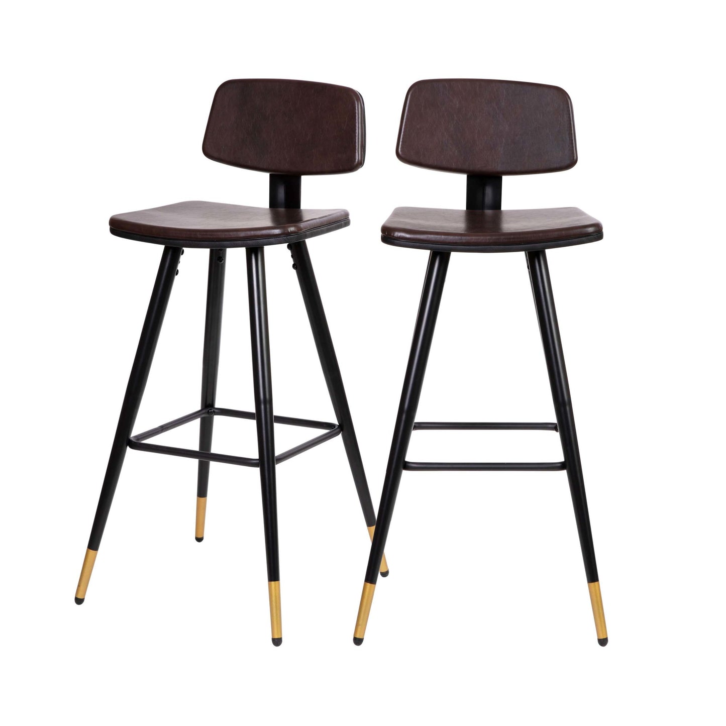 Low Back Barstools-LeatherSoft Upholstery-Iron Frame-Integrated Footrest-Gold Tipped Legs-Set of 2