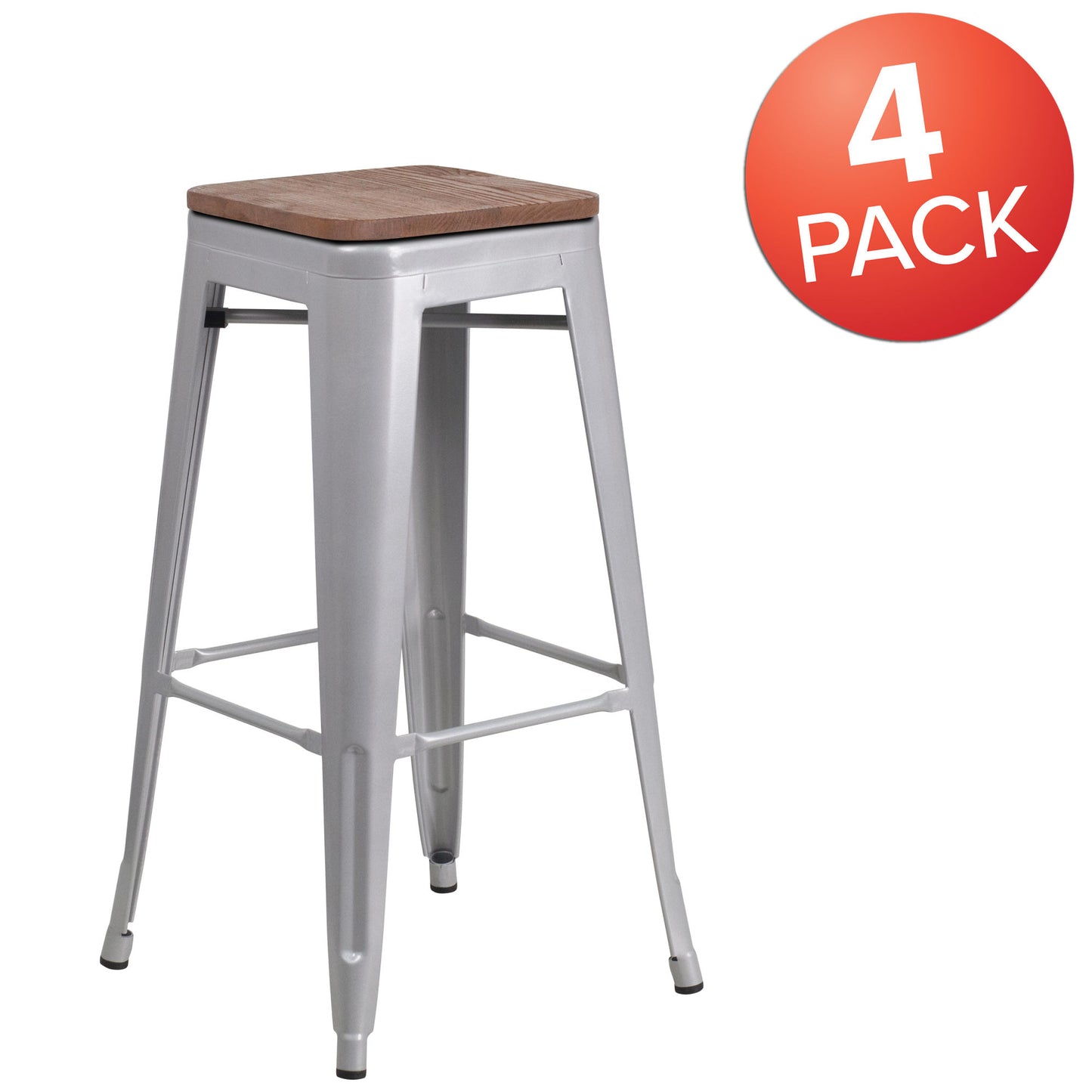 4 Pack 30" High Backless Metal Barstool with Square Wood Seat