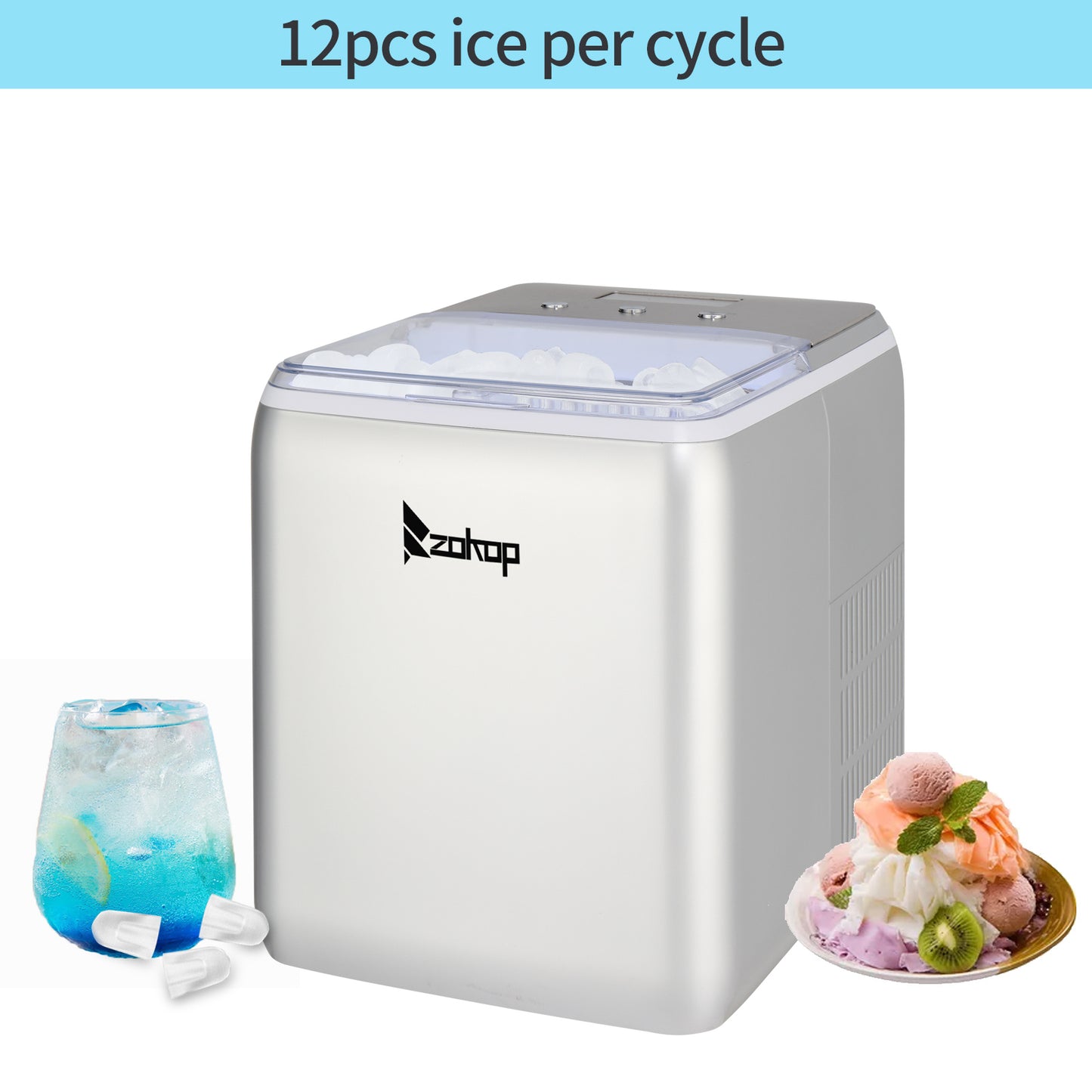 Ice Maker Countertop that produces 12 ice cubes every 9-10 mins. 44lbs in 24 hrs. 2 sizes of ice