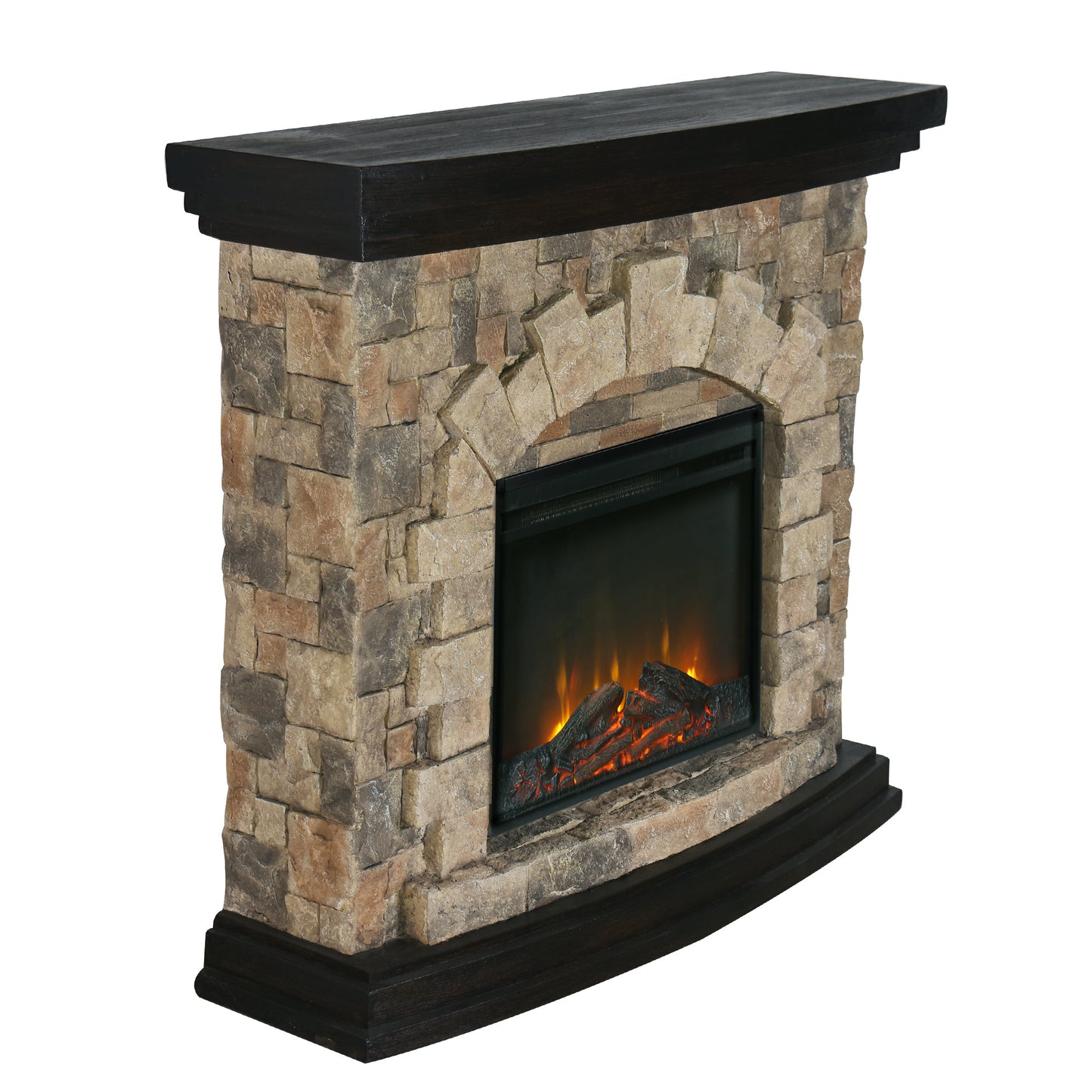 Electric Fireplace with stone/brick appearance with authentic looking wood Mantel