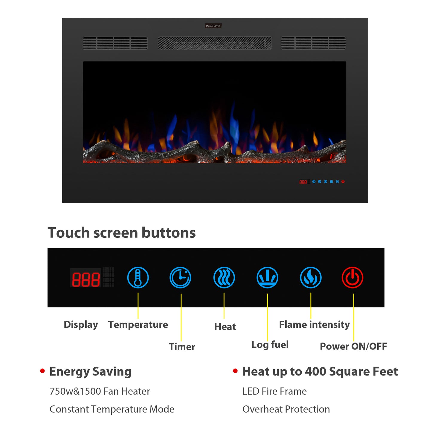 36 inch LED Recessed Electric Fireplace with 3 Flame Colors, Remote Control, Adjustable Heating, and Touch Screen 1500W, Black