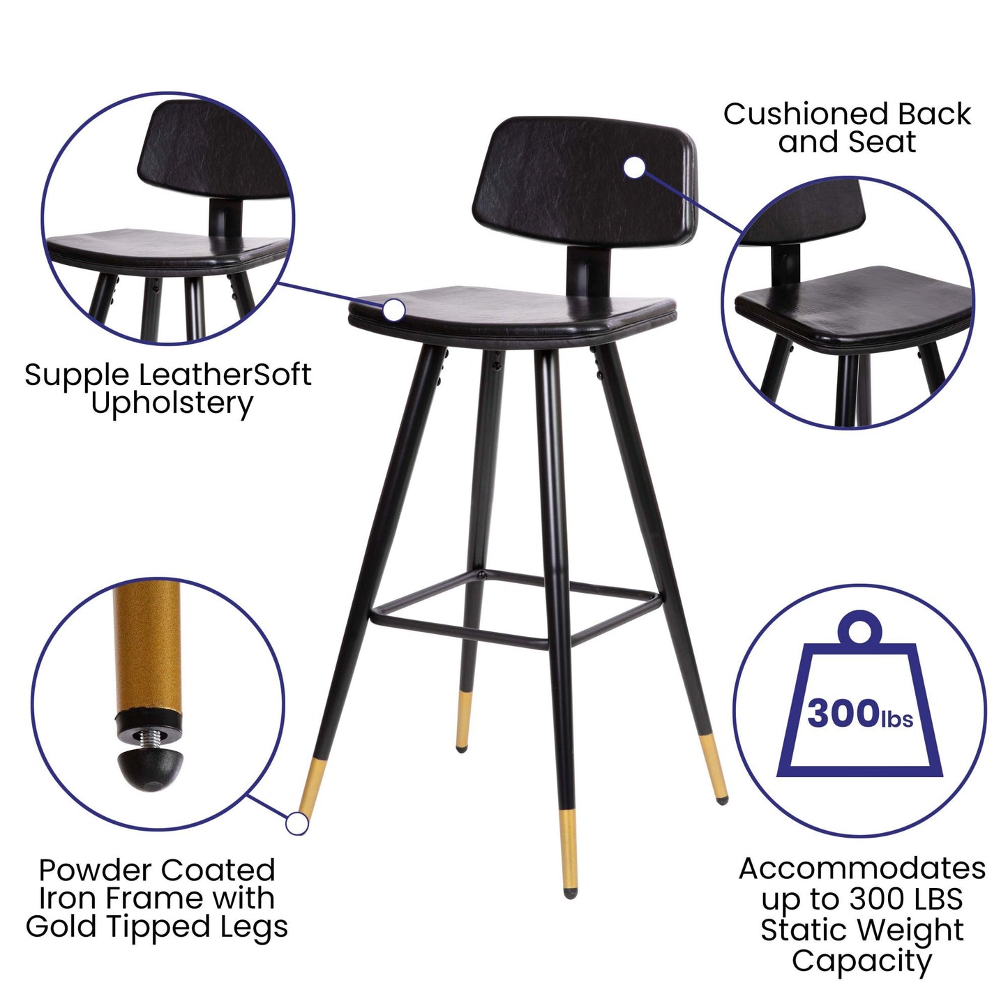 Low Back Barstools-LeatherSoft Upholstery-Iron Frame-Integrated Footrest-Gold Tipped Legs-Set of 2