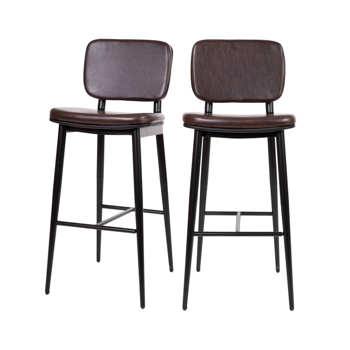 Mid-Back Barstools - LeatherSoft Upholstery - Iron Frame with Integrated Footrest - Set of 2